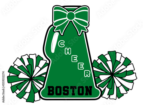 Cheerleader illustration, Green and White megaphone and a set of pom-poms. Vector cheerleading illustration.