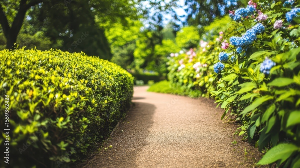 Obraz premium Peaceful Garden Path Surrounded by Lush Greenery and Flowers