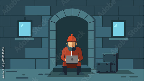 In the castles dungeon a lone guard sits at his post with a laptop open in front of him the only indication of technology in this somber setting.. Vector illustration
