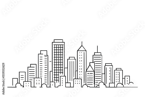 Modern City Skyline Silhouette Line Art Vector Illustration with Skyscrapers