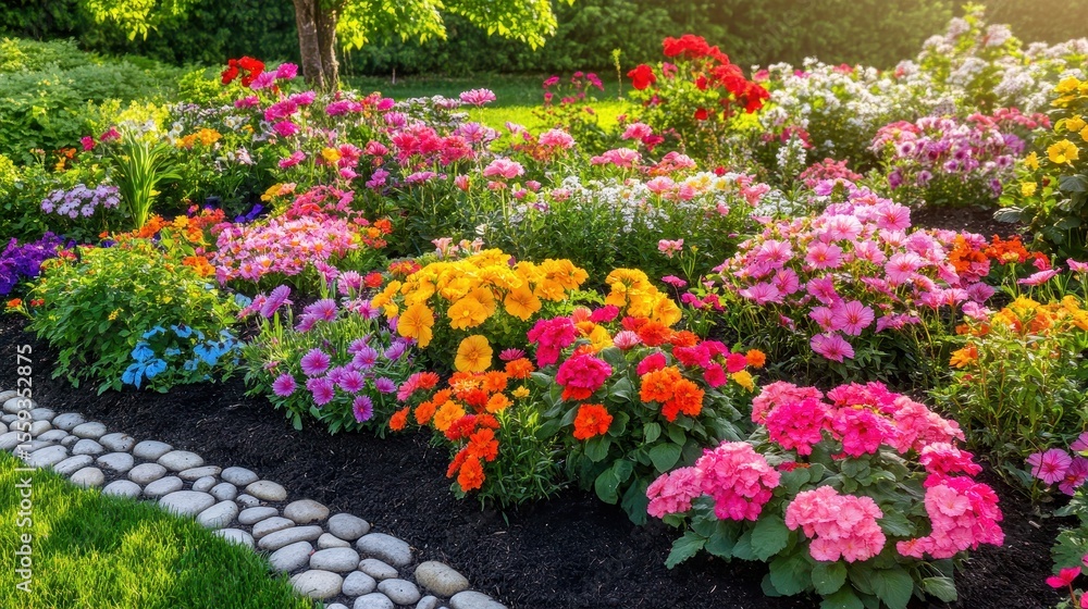 Naklejka premium Vibrant Flower Garden with Colorful Blooms in Spring Sunshine