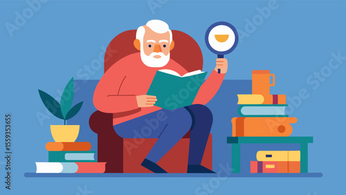An older man sits in his favorite reading chair his beloved collection of books stacked nearby. With the help of a magnifying glass he can still indulge in his passion for. Vector illustration