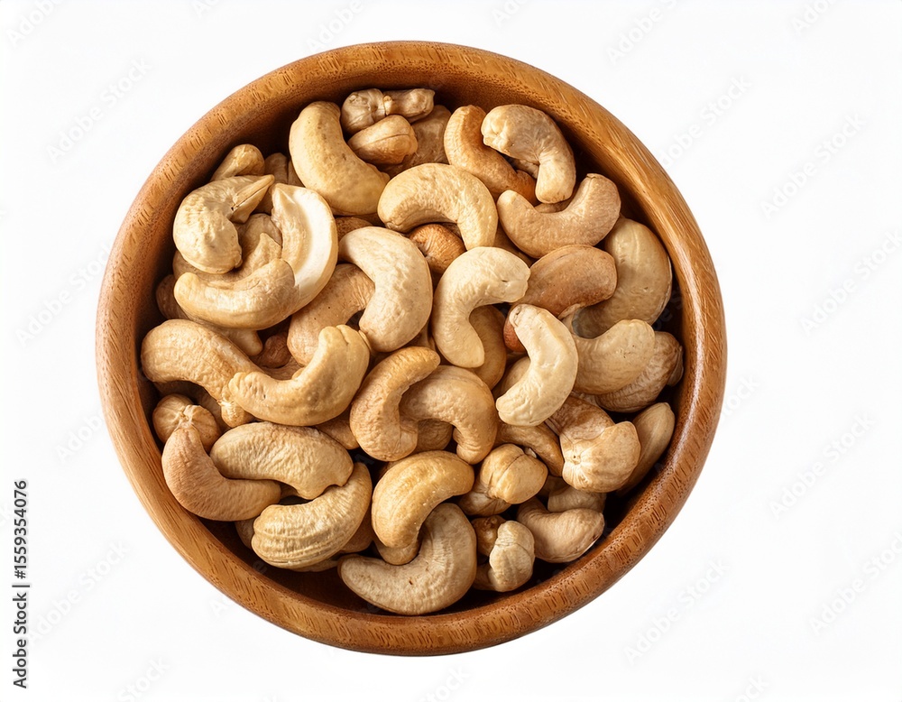Fototapeta premium wooden bowl filled with light colored roasted cashew nuts arranged in circular pattern isolated on a white background