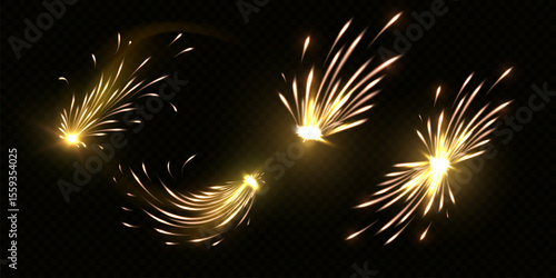 Sparkling firework explosion, glow firecracker, pyrotechnic burning sparkler effect, realistic golden salute vector set
