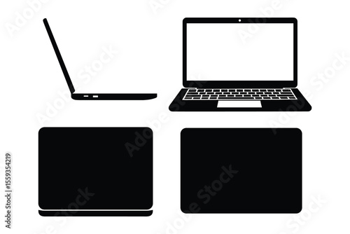 Sleek Laptop Silhouette Vector Illustration with Front, Back, and Side Views on White