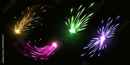Vector set of fireworks with bright neon colors: yellow, purple, pink and green.