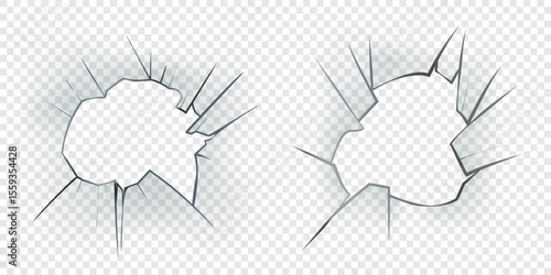 Realistic set of broken glass with a hole with cracks, damage effect.