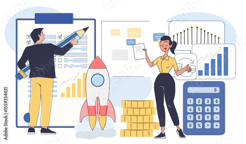 Two businesspeople planning financial growth and startup success, standing with charts, rocket, coins, and calculator on white background. Vector illustration