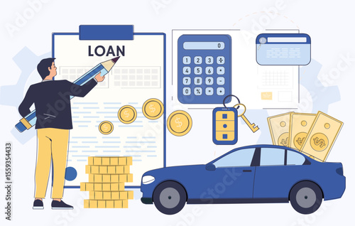 Man holding pencil near loan document, with coins, calculator, credit card, and car on light background, representing auto financing and budgeting. Vector illustration