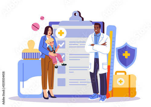 Mother with child consulting a pediatrician in front of medical checklist, surrounded by healthcare icons like thermometer and bottle, on white background. Vector illustration