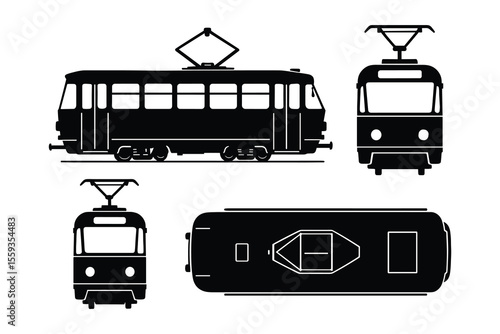 Tram Silhouette Vector Set with Multiple Perspectives and Angles