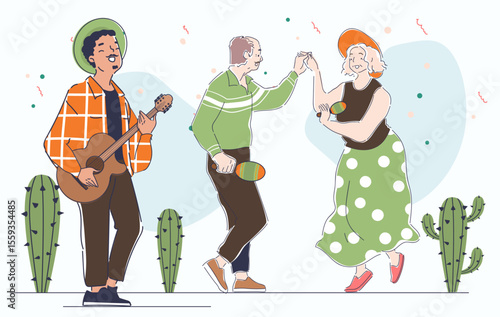 Elderly couple dancing with maracas while a man plays guitar, cartoon style, on a white background with cacti and confetti. Concept of joyful senior life. Vector illustration