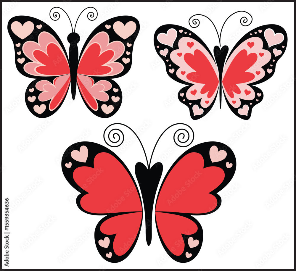 Obraz premium Set of Three Pink and Red Butterflies with Black Outline Decorative Vector Icons