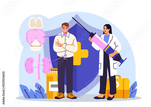 Doctor with large syringe and patient standing near shield, organs like thyroid and kidneys illustrated, flat style on white background. Concept of hormone therapy. Vector illustration