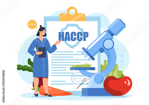 Female scientist with clipboard standing near microscope and HACCP document, surrounded by vegetables, on white background. Concept of food safety. Vector illustration