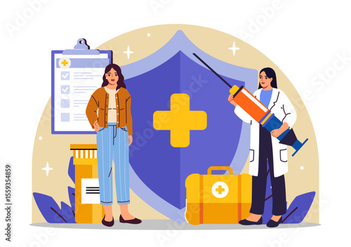Female doctor holding large syringe next to woman patient, medical shield, checklist, suitcase and medicine bottle on light background. Healthcare concept. Vector illustration