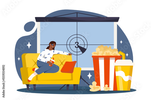 Woman sitting on yellow couch wearing 3D glasses, holding soda, with movie countdown on screen and popcorn on floor, flat art style, white background. Vector illustration