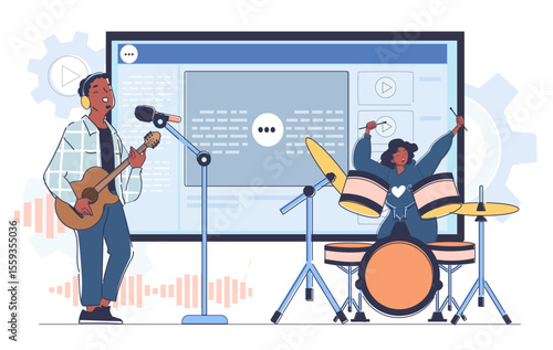 Two musicians playing guitar and drums in a virtual online session with a large digital screen interface in the background. Concept of online music collaboration. Vector illustration