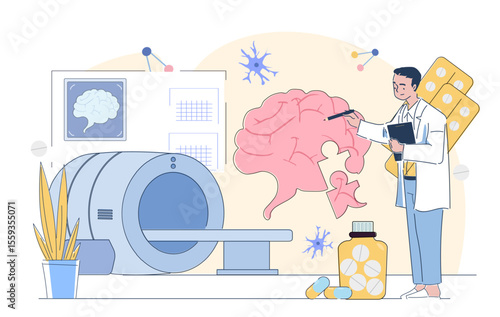 Doctor analyzing brain health with MRI machine, puzzle brain diagram, pills, and neuron icons in flat cartoon style on abstract background. Concept of neurology and psychiatry. Vector illustration