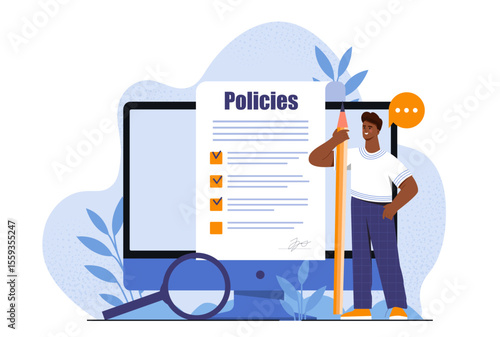 A man stands next to a large pencil and checklist labeled Policies in front of a computer screen, with magnifying glass and speech bubble, on abstract background. Vector illustration