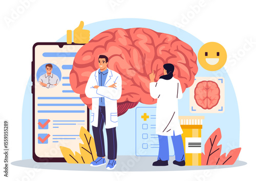 Medical professionals examining human brain with digital tools and health data in a modern flat style on a white background. Concept of neurology and diagnostics. Vector illustration