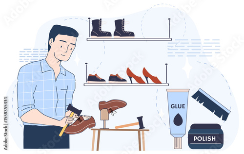 A shoemaker is fixing a brown leather shoe using a hammer, surrounded by tools like glue, polish, and brush, with shoes displayed on shelves. Vector illustration