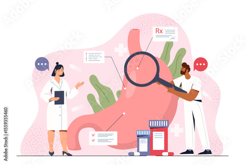 Doctors examining human stomach with magnifying glass, pill bottles and prescription forms around, flat cartoon style on abstract medical background. Vector illustration
