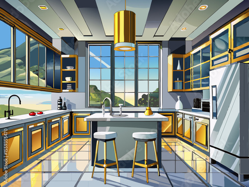 vector of A modern kitchen that showcases silver cabinets with gold streaks, island stools and views from large windows...
