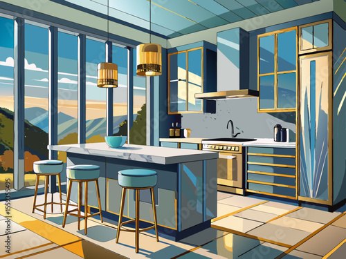 vector of A modern kitchen that showcases silver cabinets with gold streaks, island stools and views from large windows...