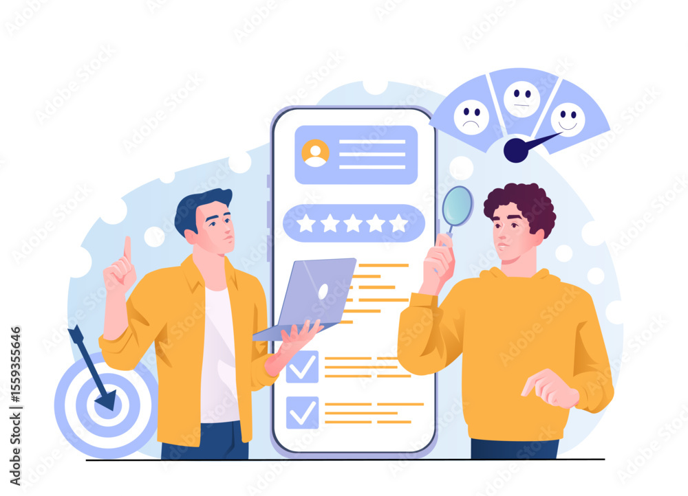 © Rudzhan - Two men analyzing customer feedback with a mobile app interface showing star ratings and survey results, flat cartoon style on a white background. Concept of review analysis. Vector illustration © Rudzhan - Two men analyzing customer feedback with a mobile app interface showing star ratings and survey results, flat cartoon style on a white background. Concept of review analysis. Vector illustration