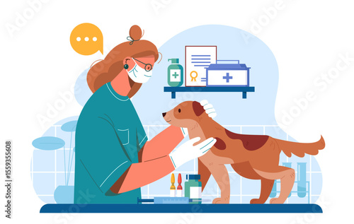 Female veterinarian checking a brown dog in a clinic, flat graphic style, indoor medical room background. Concept of pet healthcare and veterinary care. Vector illustration