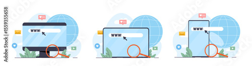 Conceptual graphic showing www search bars on desktop, laptop, and mobile devices with magnifying glass, digital icons, and globe in background. Vector illustration