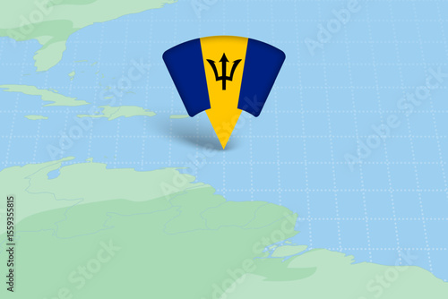 Barbados Location Highlighted on American Map with Flag Icon.