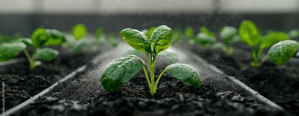 Water Conservation, Drought Management, Eco-friendly, Fresh Green Seedling Growing in Soil with Water Mist in Greenhouse Water Conservation, Drought Management, Eco-friendly, Fresh Green Seedling Growing in Soil with Water Mist in Greenhouse