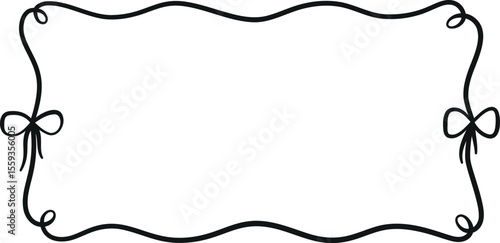 Vector rectangular frame made of black ribbon with waves, loops and bows.
