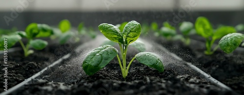 Water Conservation, Drought Management, Eco-friendly, Fresh Green Seedling Growing in Soil with Water Mist in Greenhouse