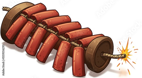 Cartoon illustration of a red traditional firecracker with a lit fuse and sparkling effect, isolated on a white background, ready for celebration.