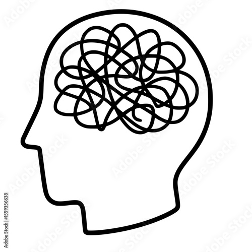 Human head outline with tangled lines symbolizing mental confusion