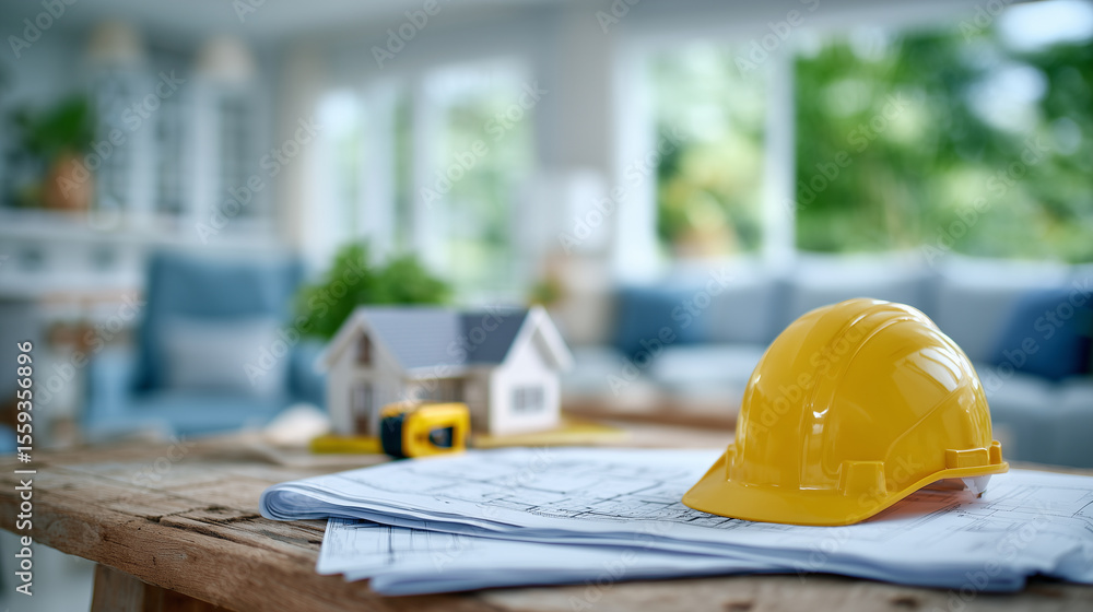 Engineering table with unfolded residential construction blueprints, compact model home placed over the living room area, yellow hard hat and measuring tape in the corner Engineering table with unfolded residential construction blueprints, compact model home placed over the living room area, yellow hard hat and measuring tape in the corner
