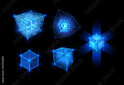 Energy cube blocks vector designs set, shining blue neon square grid shape, high tech technology, digital matrix box