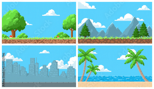 Pixel art pack featuring forest, mountains, city landscape and tropical beach.
