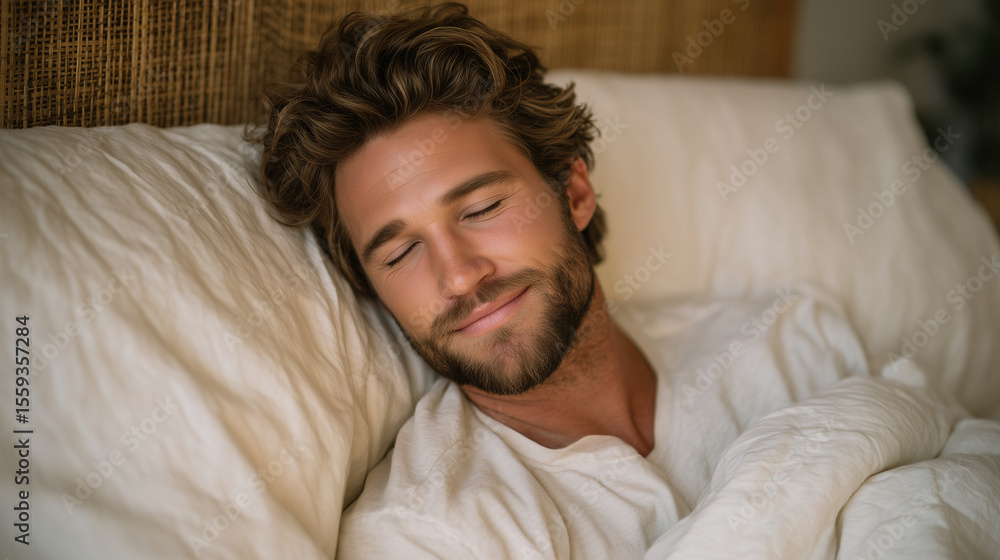 Overhead view of a handsome man in deep sleep, curled up in soft white linens, natural textures and warm tones creating a serene and comforting sleep environment Overhead view of a handsome man in deep sleep, curled up in soft white linens, natural textures and warm tones creating a serene and comforting sleep environment