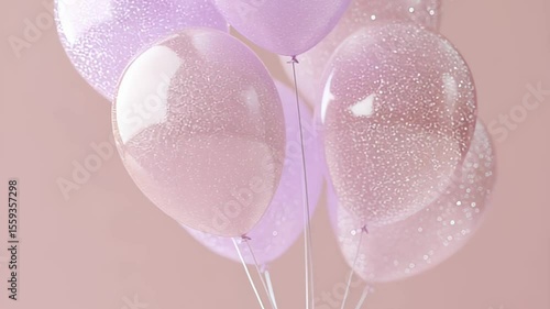 Group of transparent pink balloons with embedded glitter floating against a soft pastel pink backdrop. Light, airy and festive composition perfect for party, celebration, or decoration themes