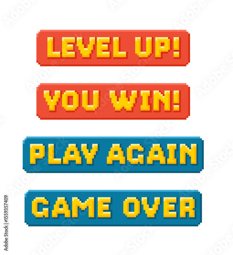 Play again, Level up, Game over and You win pixel art game messages vector set, 8 bit arcade video game button interface