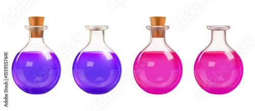 3d test tube, chemistry lab glass bottle. Witch magic potion flask, laboratory beaker vector icon. Science vial medical equipment, isolated poison antidot elixir. Realistic glassware with color water
