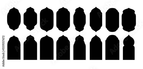 Vector collection of black silhouettes of Ramadan arched windows and doors.