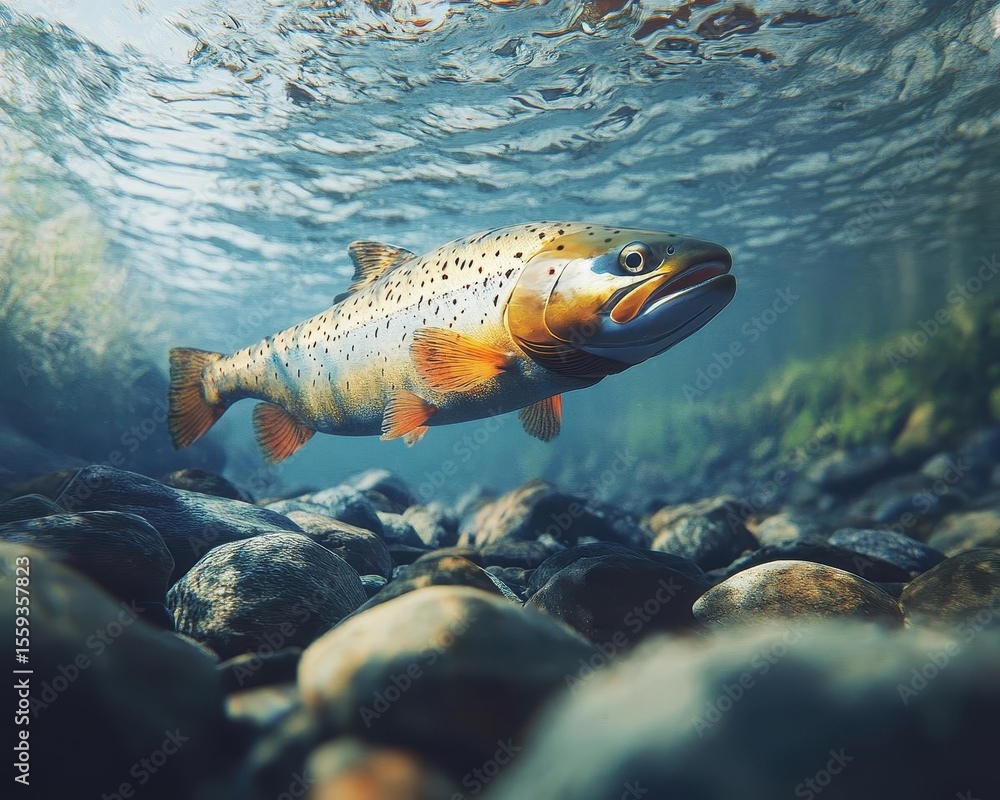 Fototapeta premium Salmon swimming upstream in Alaskan rivers, dramatic natural scene, and clear water