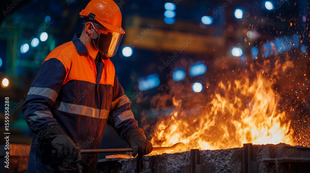Naklejka premium Industrial production scene where a metallurgical worker in orange safety gear controls the smelting furnace, flames licking the edges of the crucible filled with molten aluminum