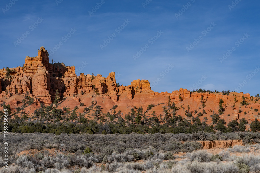 Fototapeta premium entrance to Red Canyon, Panguitch, Garfield County, Utah. Claron Formation, (Tcp) Pink member. Claron Formation, (Tcp) Pink member; with Stream alluvium. Sevier fault