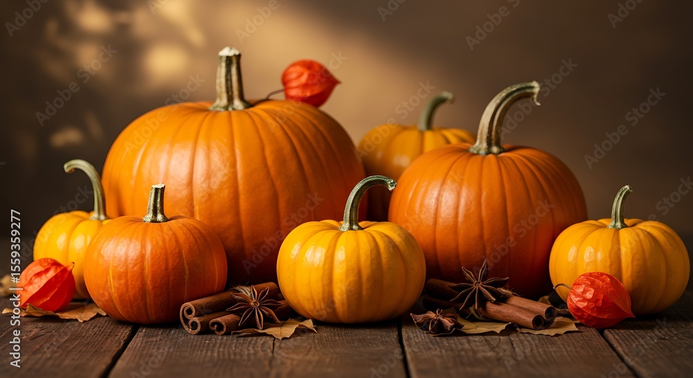 A warm and inviting still life showcasing a collection of autumn pumpkins and spices. A warm and inviting still life showcasing a collection of autumn pumpkins and spices.